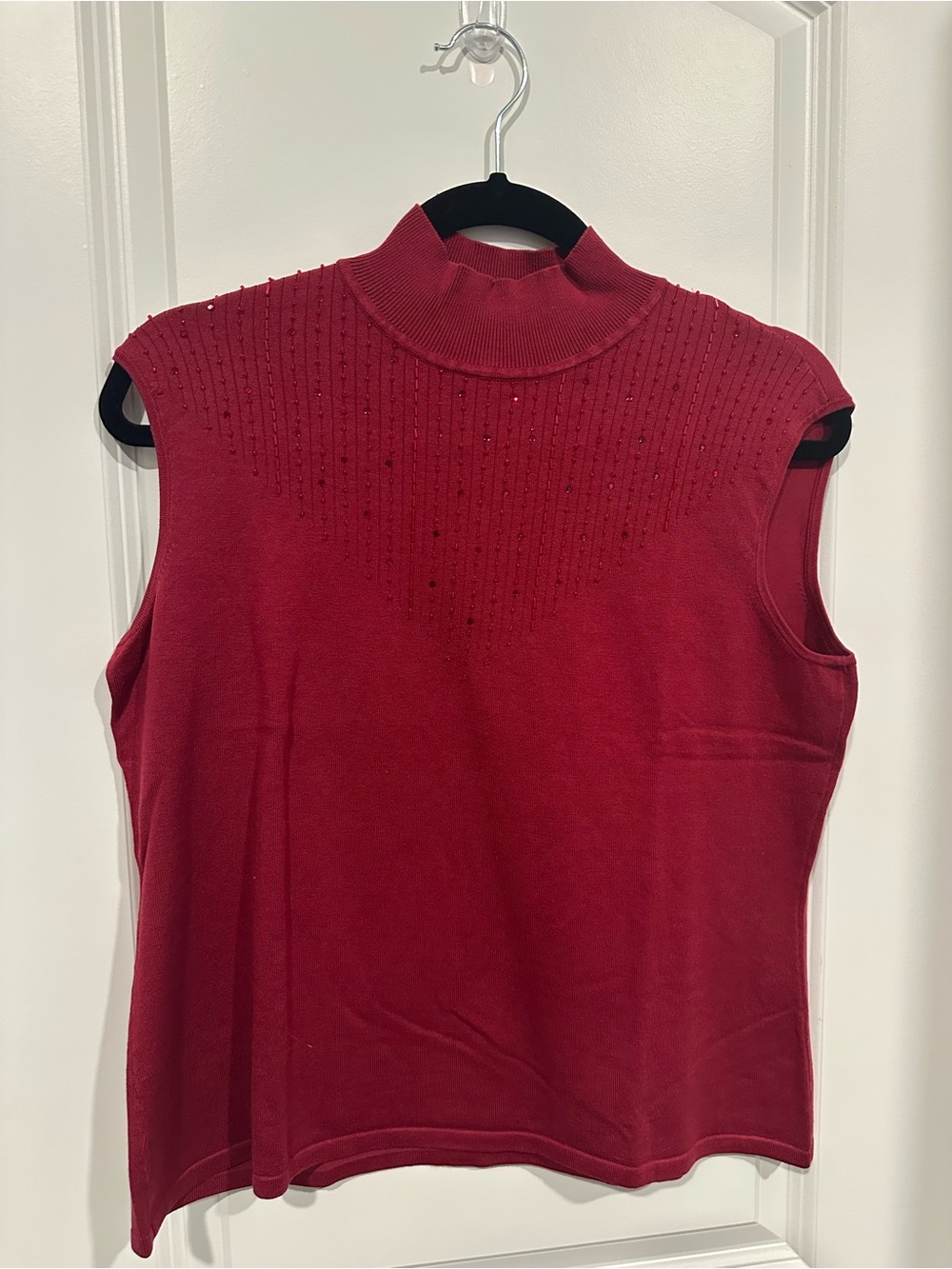 Vintage Emma James Red Sleeveless Mock Neck Top with Beaded Yoke